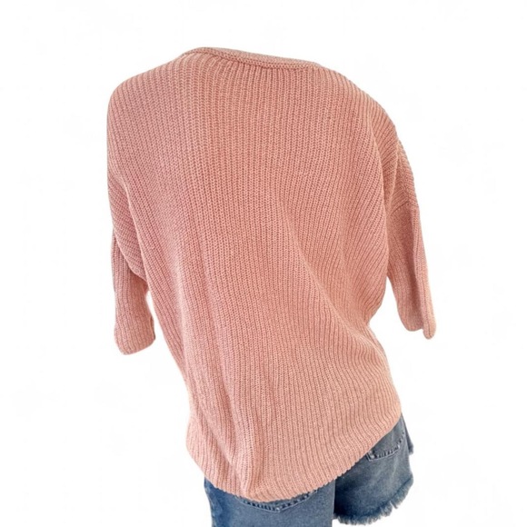 Blush pink oversized knit sweater 3/4 sleeve v-neck soft girl aesthetics - Picture 5 of 9